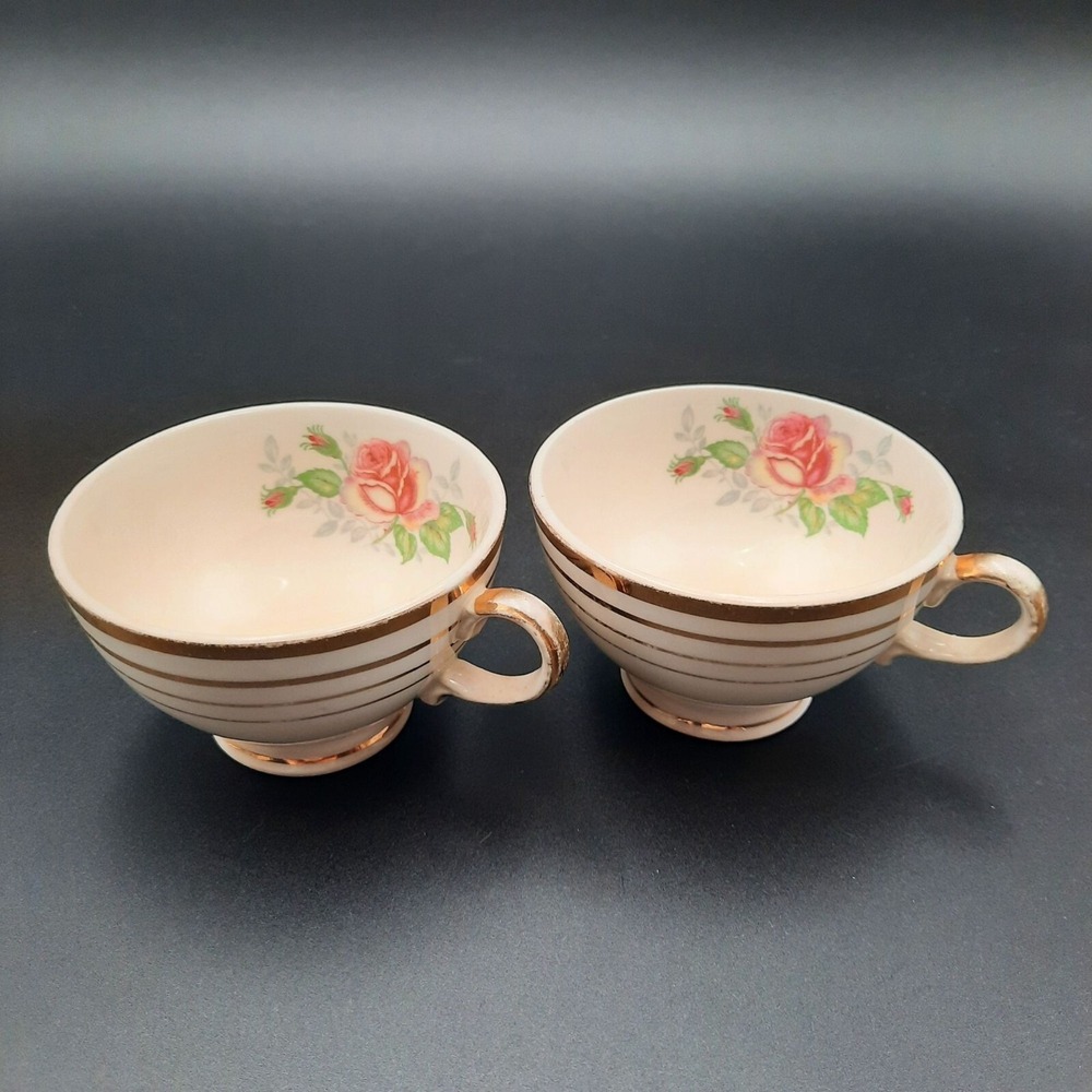 Mt. Vernon Salem China Coffee Cups With 23K Gold Trim & Rose Pattern Set Of 2